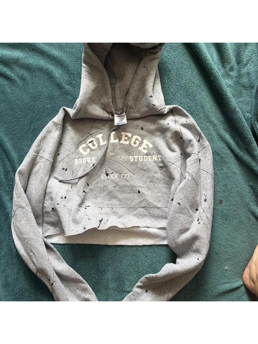 Jerzees College Broke Student Cropped Hoodie Sweatshirt Gray Size L